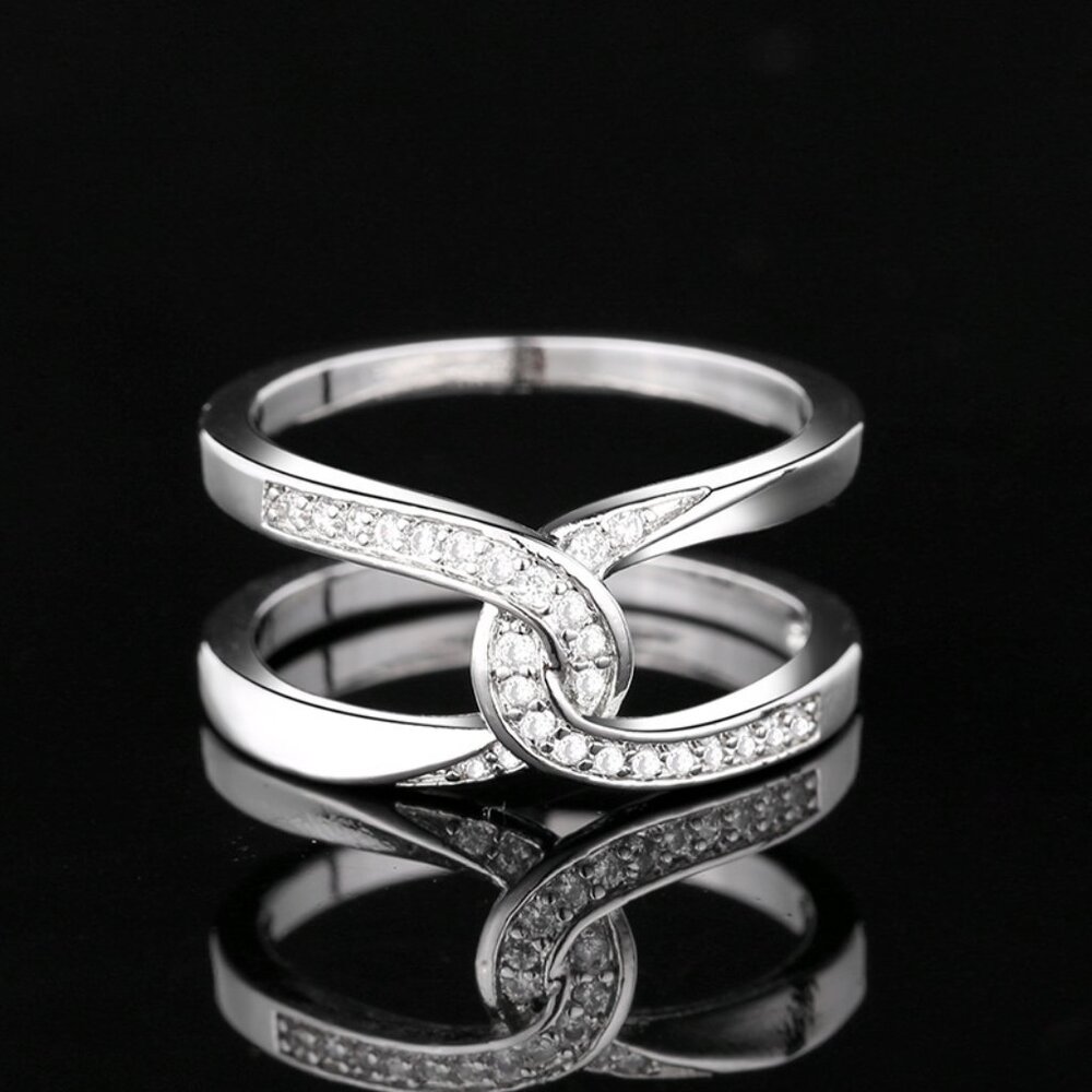 3/$35 Silver Pave Zircon Crossover Interlocking Knot Ring Double Band Statement